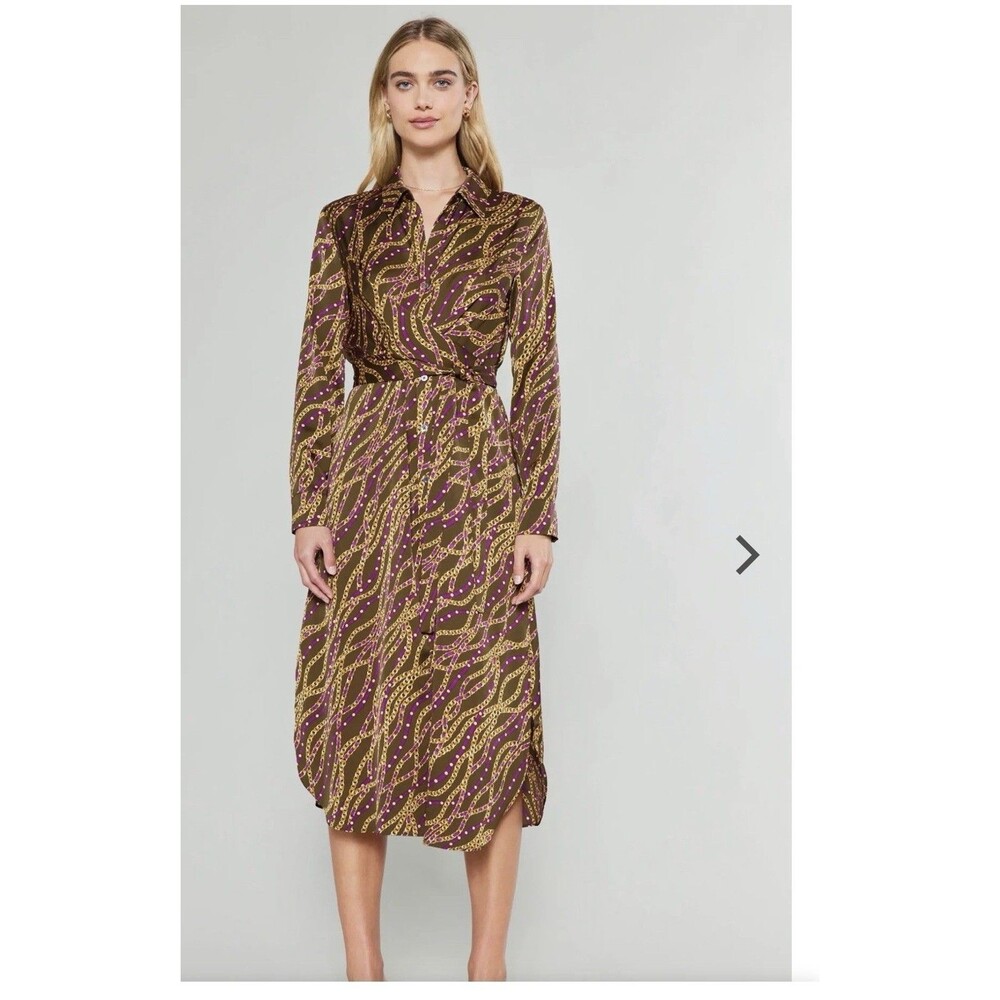 Current Air Midi Dress Small Chain Link Print Olive Wine Button Front Tie Waist